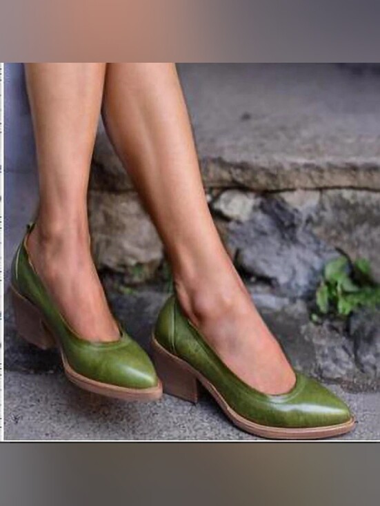 None Shoes - Women’s Size 41 Green Olive Block Heel Pumps Pointed Toe Slip On Shoes